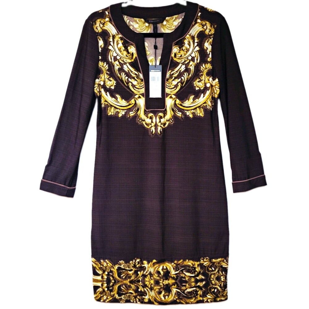 BCBGMAXAZRIA Hayden Shift Dress Baroque Black Gold Knit Long Sleeve Knee S